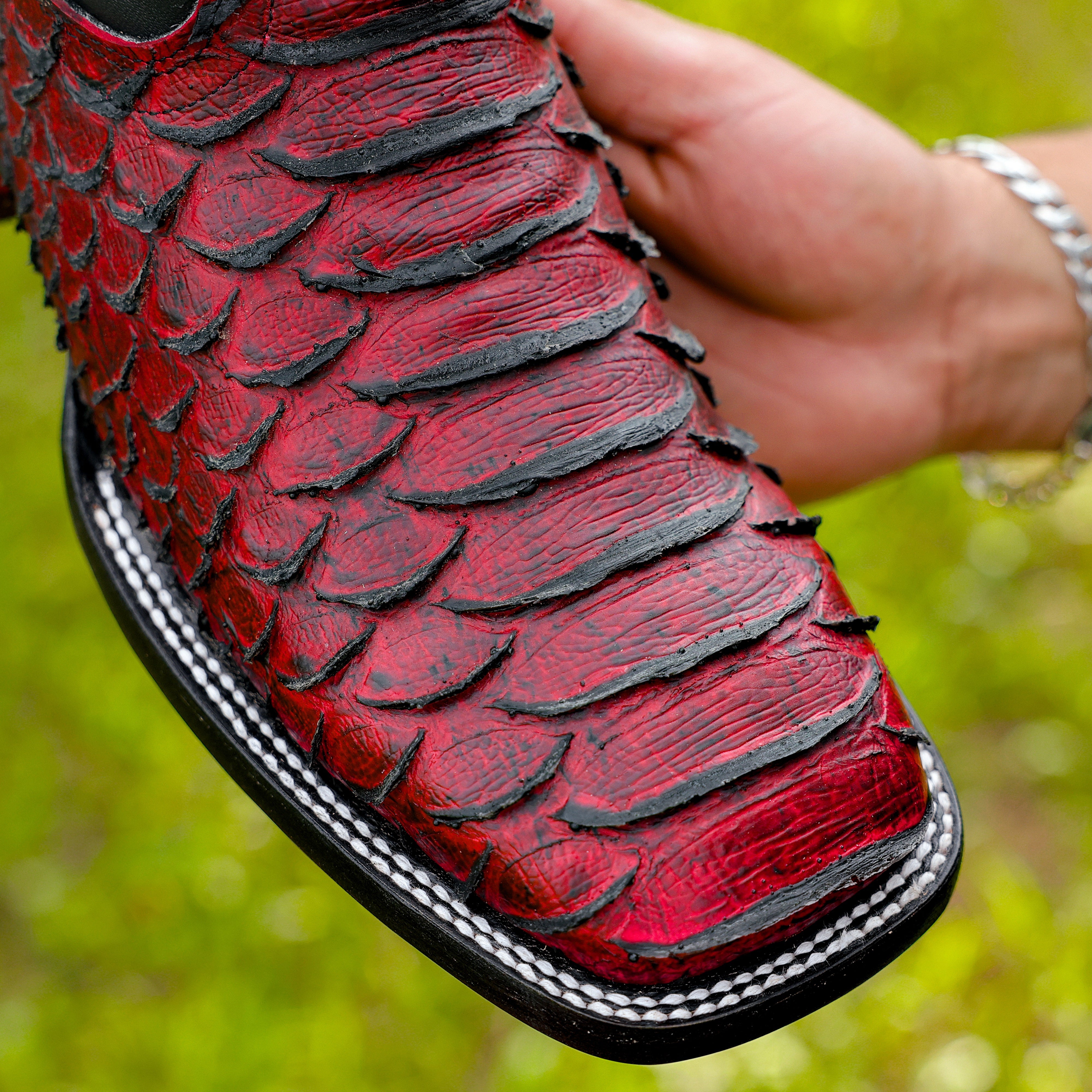 Black Cherry Python Leather Boots - Square Toe