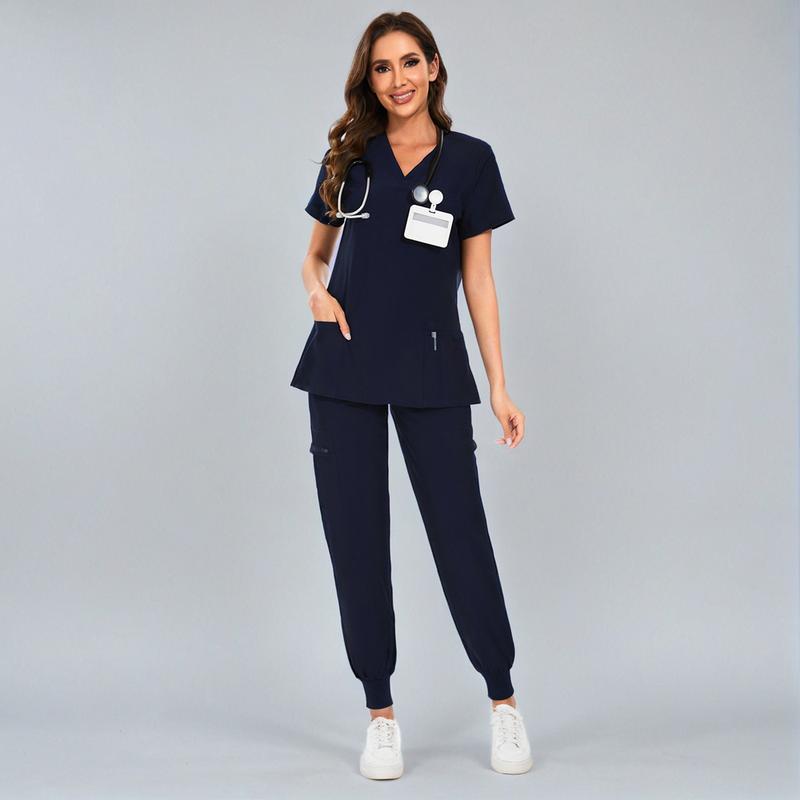 Women’s Stretch V-Neck Scrub Set (Top + Jogger Pants) – 8 Pocket Utility Uniform
