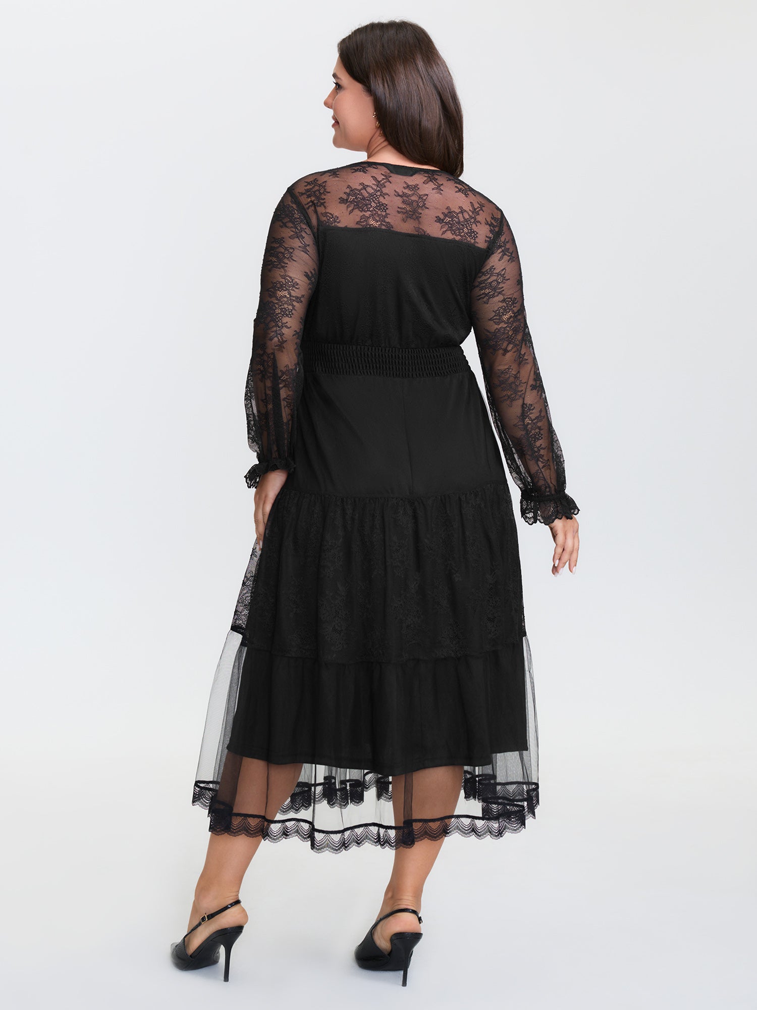Sheer Lace Trim Stretchy Waist Midi Dress