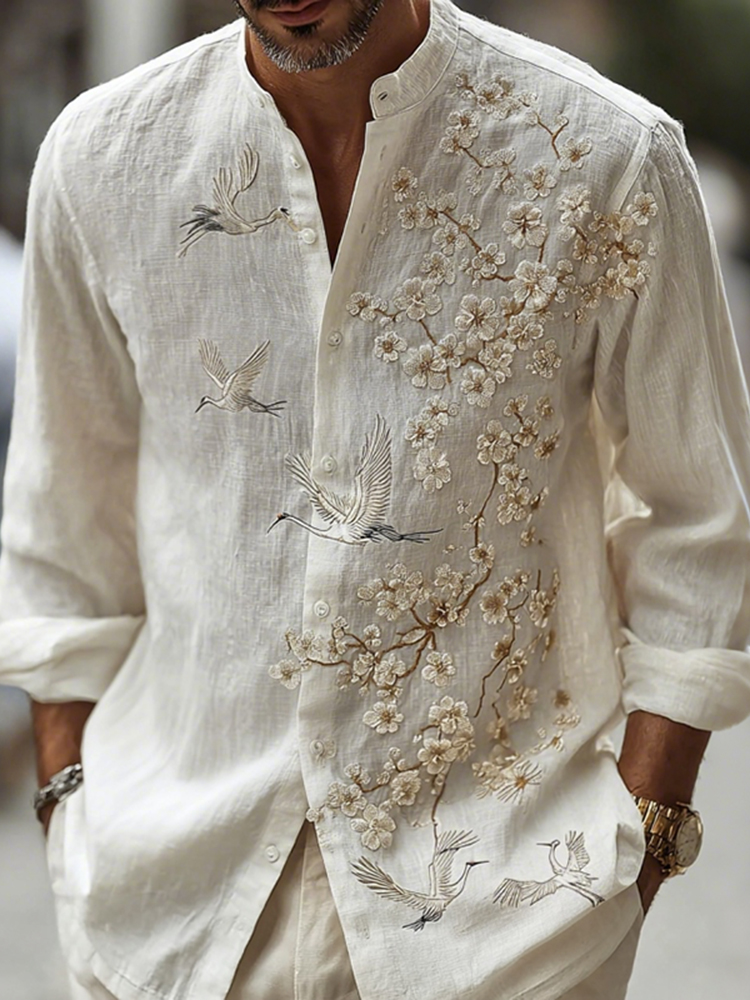 Men's Japanese-style Cherry Blossom With Crane Pattern Linen Blend Shirt