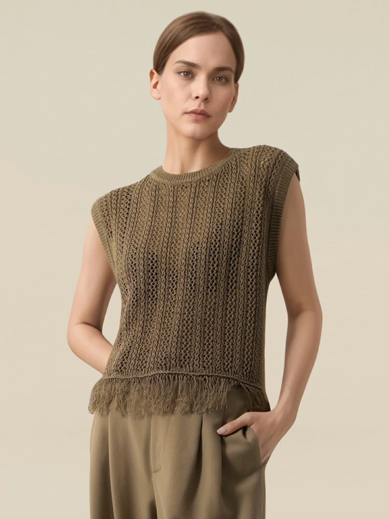 Lyocell & Silk Round Neck Sleeveless Fringe Vest