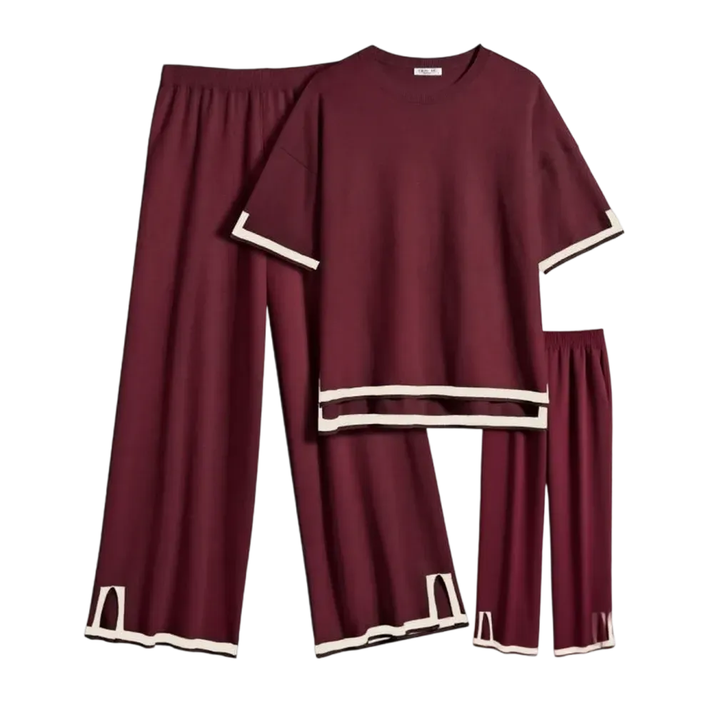 Women’s 2-Piece Knit Lounge Set – Short Sleeve Top & Wide-Leg Pants