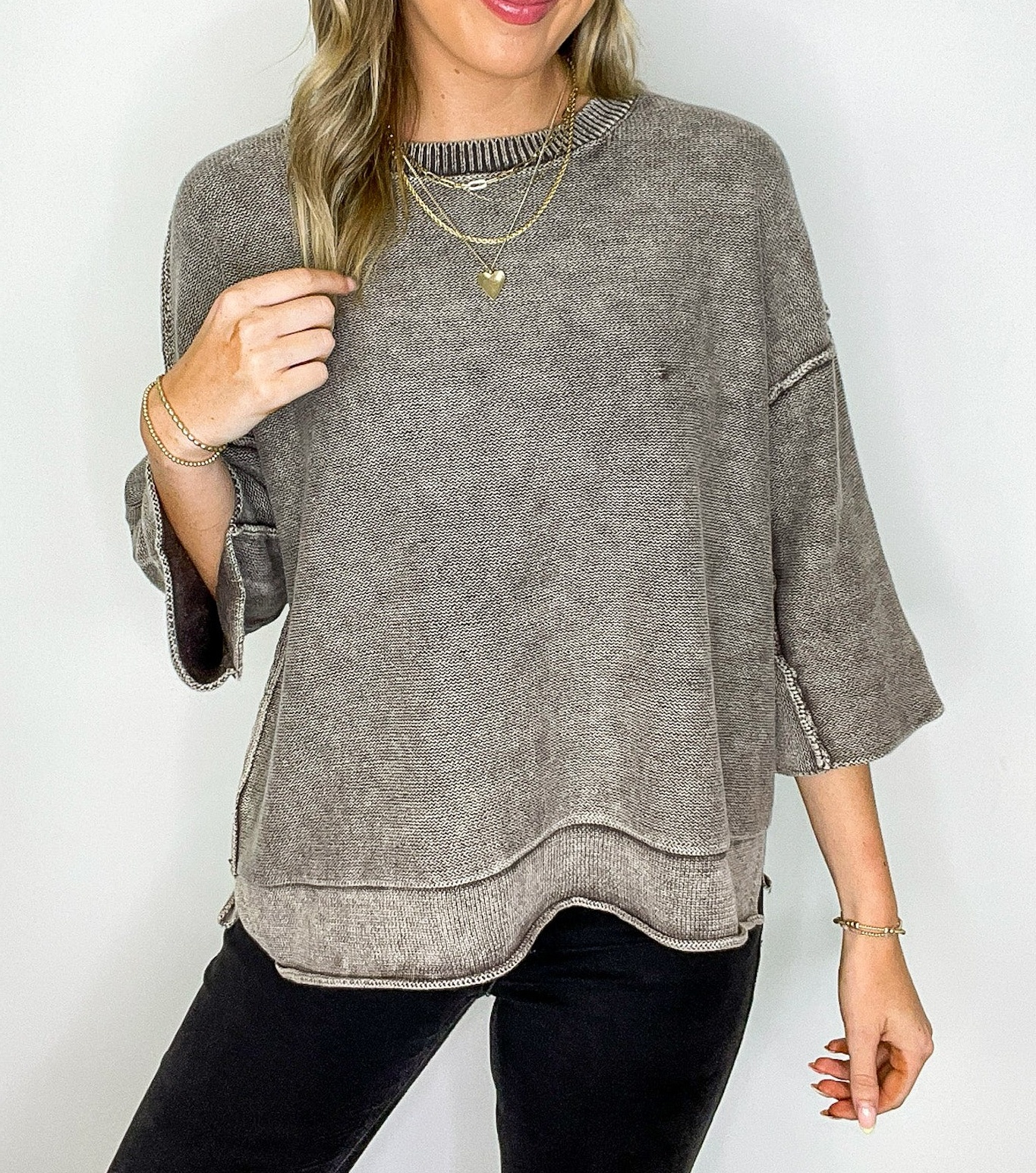 Cozy Fade Washed 3/4 Sleeve Relaxed Sweater