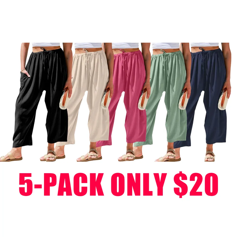 Women's Linen Casual Loose Fit Beach Palazzo Harem Trousers with Pockets
