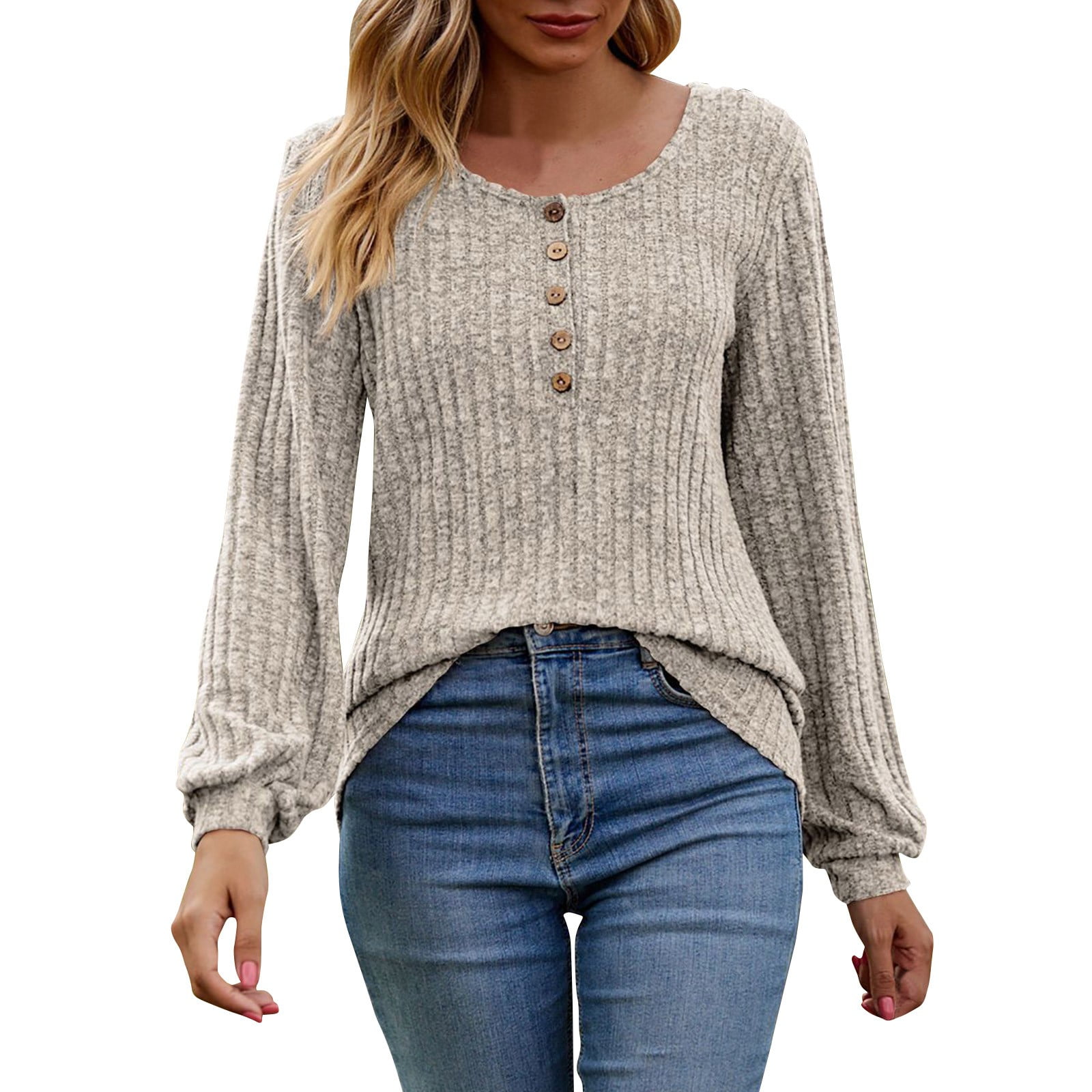 Women's Fall Button Scoop Neck Puff Long Sleeve Henley Shirts