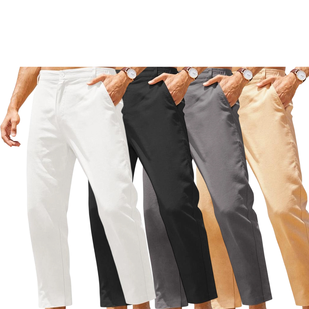 Men's Cotton Linen Pants Elastic Waist Lightweight Casual Pants Slim Fit Yoga Beach Pants with Pockets Menswear Trouser Daily