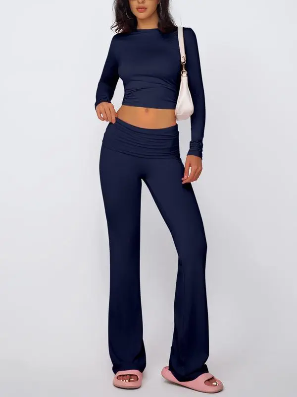 Women's Solid Long Sleeve Tee & Flare Leg Skinny Pants Loungewear Set