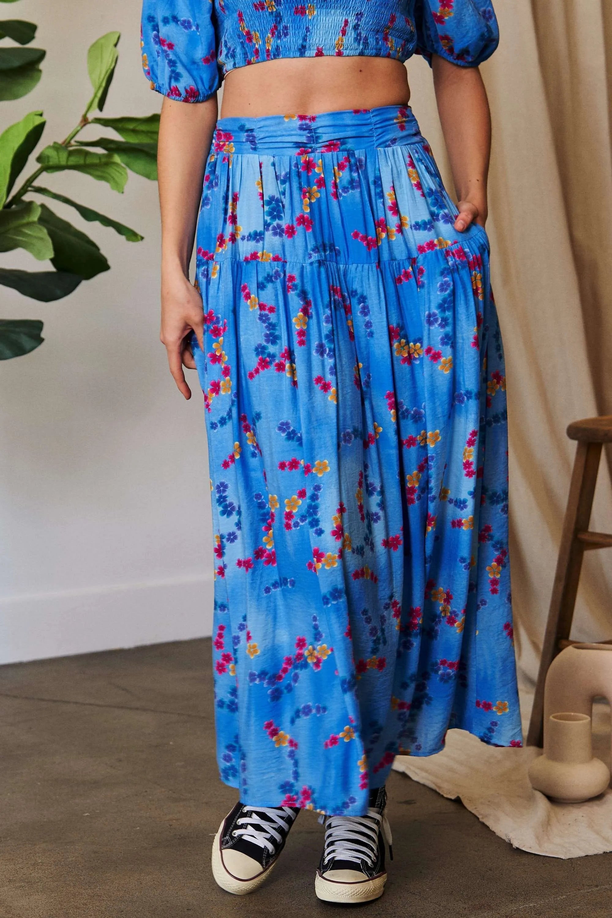 Printed Smocking Waistband Ruffled Maxi Skirt