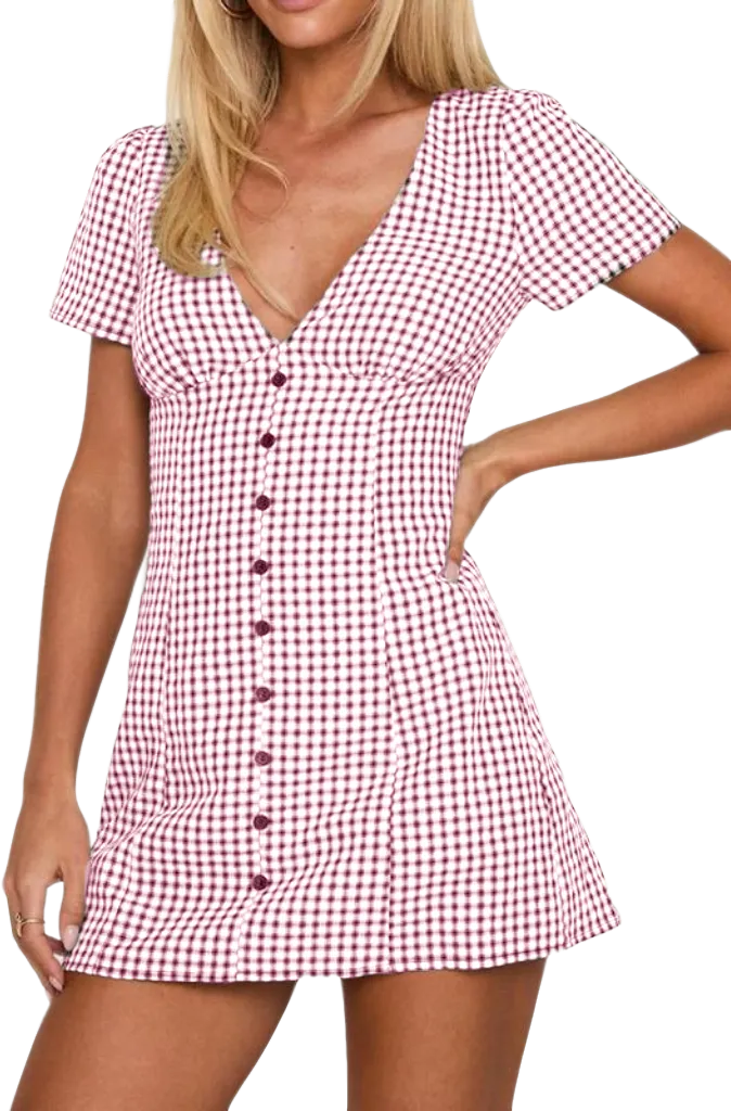 Women's Plaid Print Button Decor V Neck Shortsleeve (Just $4 Each!)