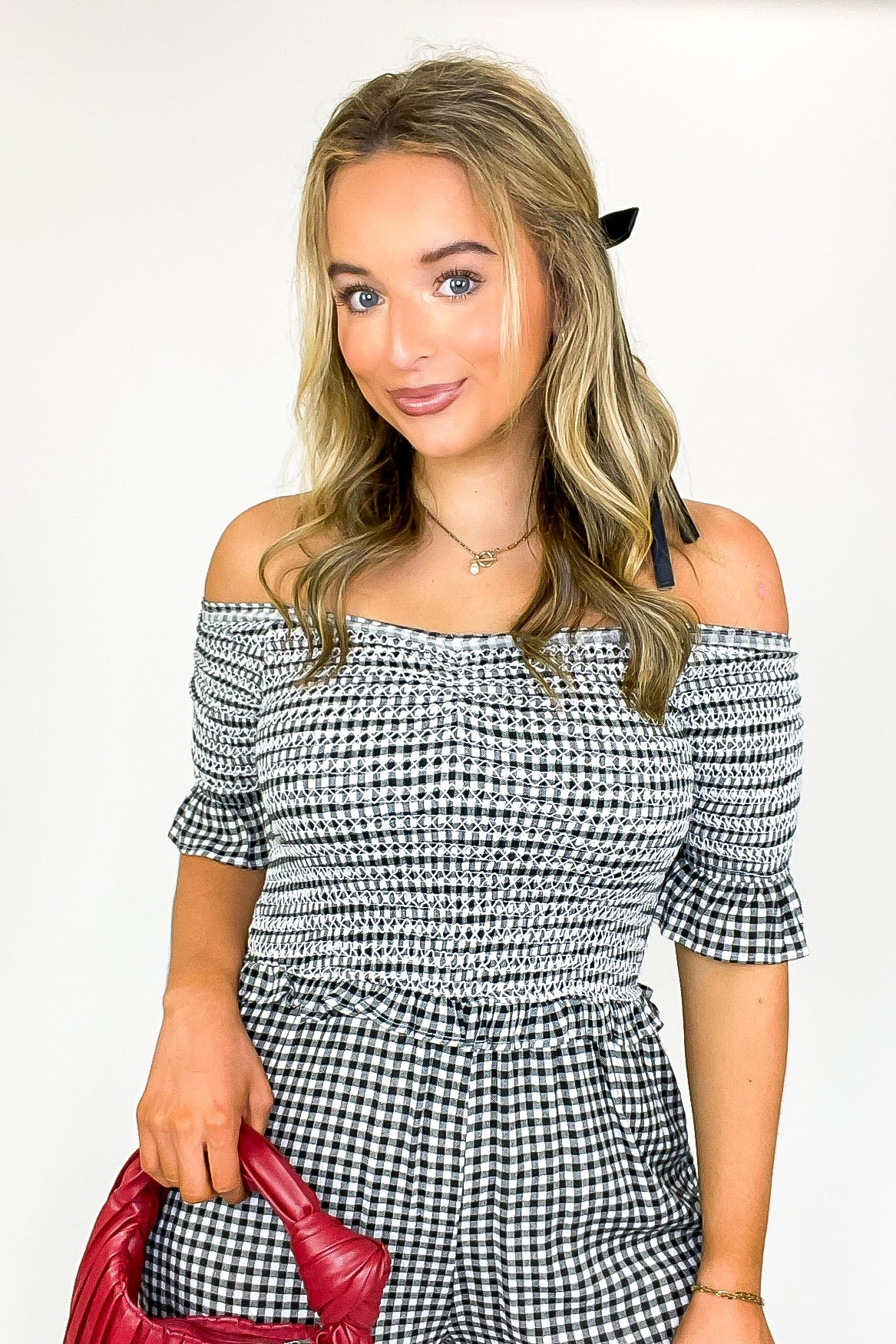 Off Shoulder Plaid Smocked Romper