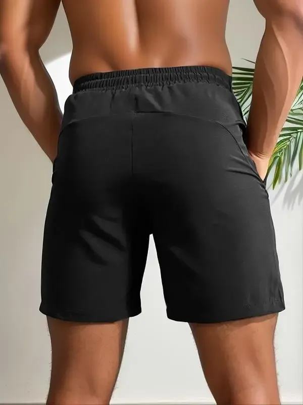 Men's Letter Print Drawstring Waist Shorts, Casual Comfy Breathable Pocket Shorts,