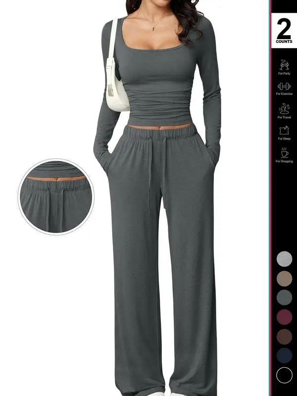 Women’s 2-Piece Lounge Set Square Neck Crop Top & Wide Leg Pants