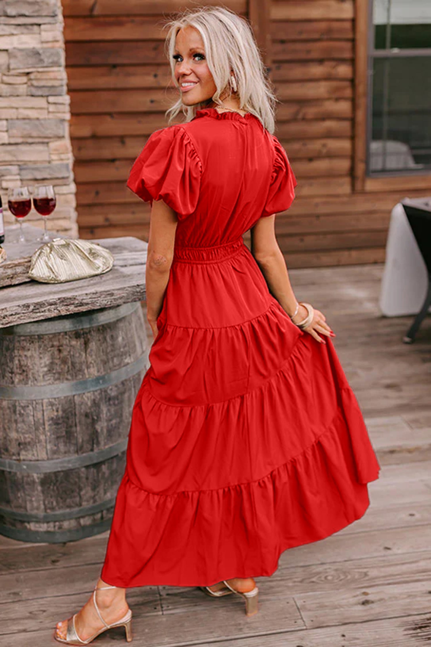 Coral Solid Color V Neck Short Puff Sleeve High Waist Tiered Maxi Dress