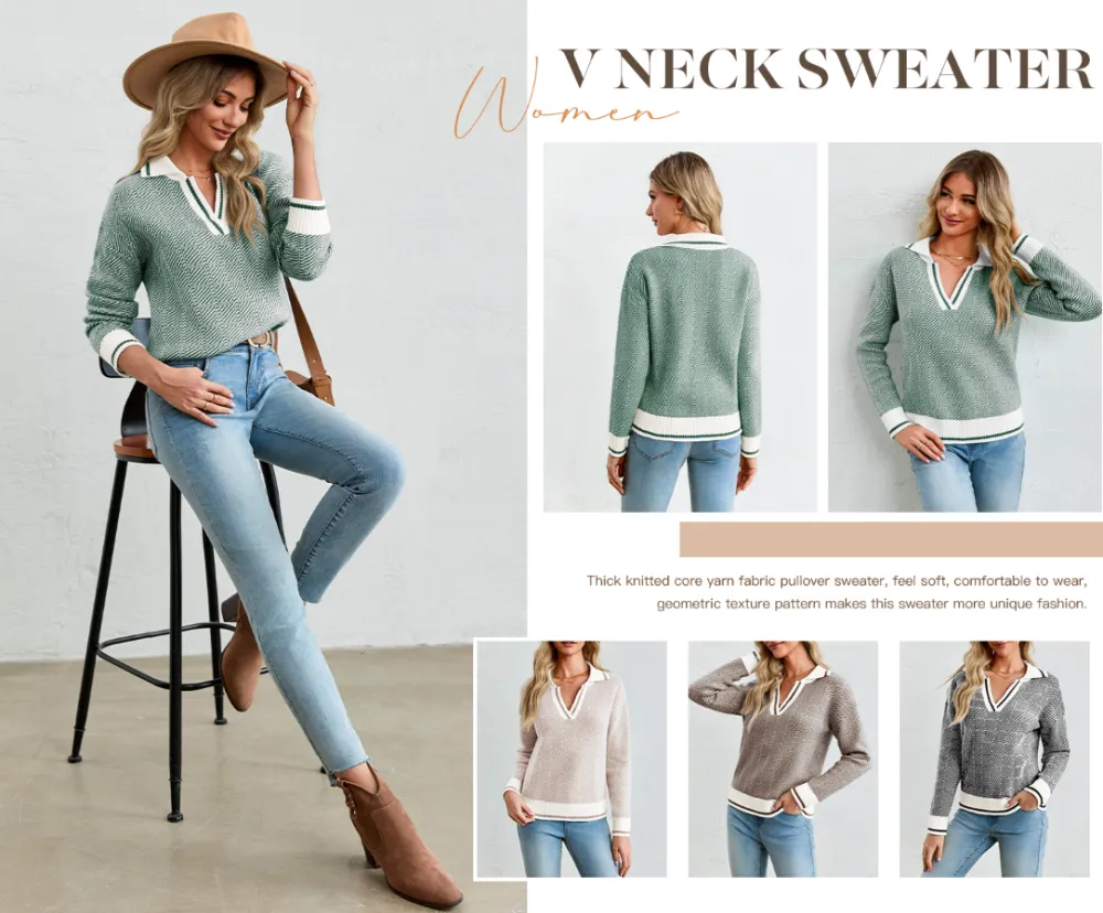 Womens V Neck Knit Sweater Color Block Long Sleeve