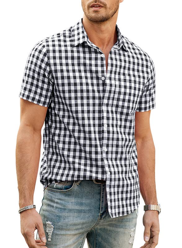 Mens Casual Button Down Shirts Short Sleeve 100% Cotton Plaid Shirts for Men