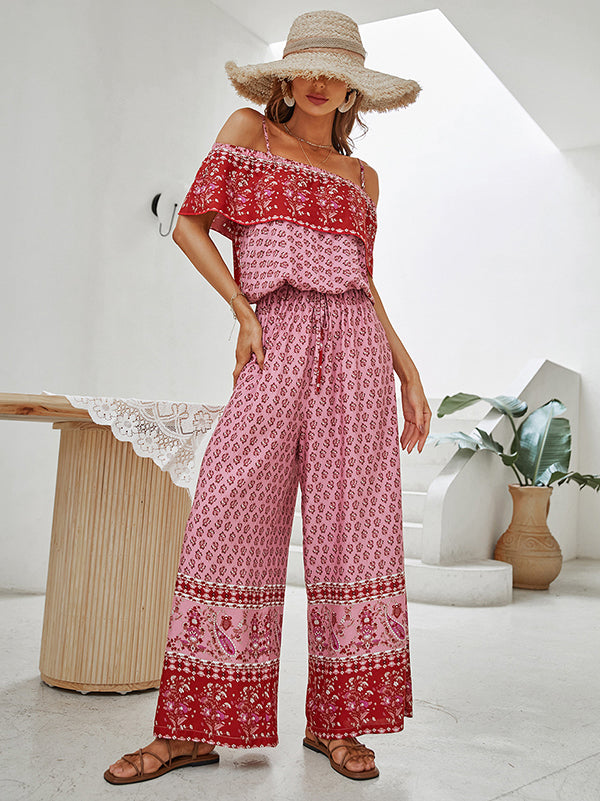 Women Wide Leg Floral Printed Bohemia Jumpsuit