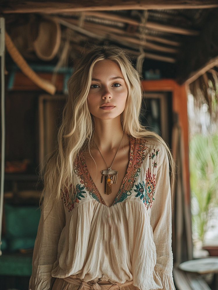 Retro Boho Tribal Art Embroidery Print Cotton And Linen V-neck Loose Shirt 7eca