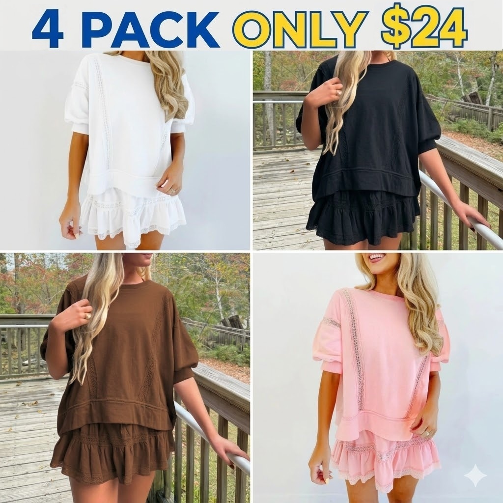 Fisoew Women's 2 Piece Cotton Lace Trim Outfit Set Short Sleeve Puff Sleeve Top & Ruffled Shorts Soft Casual Outfit