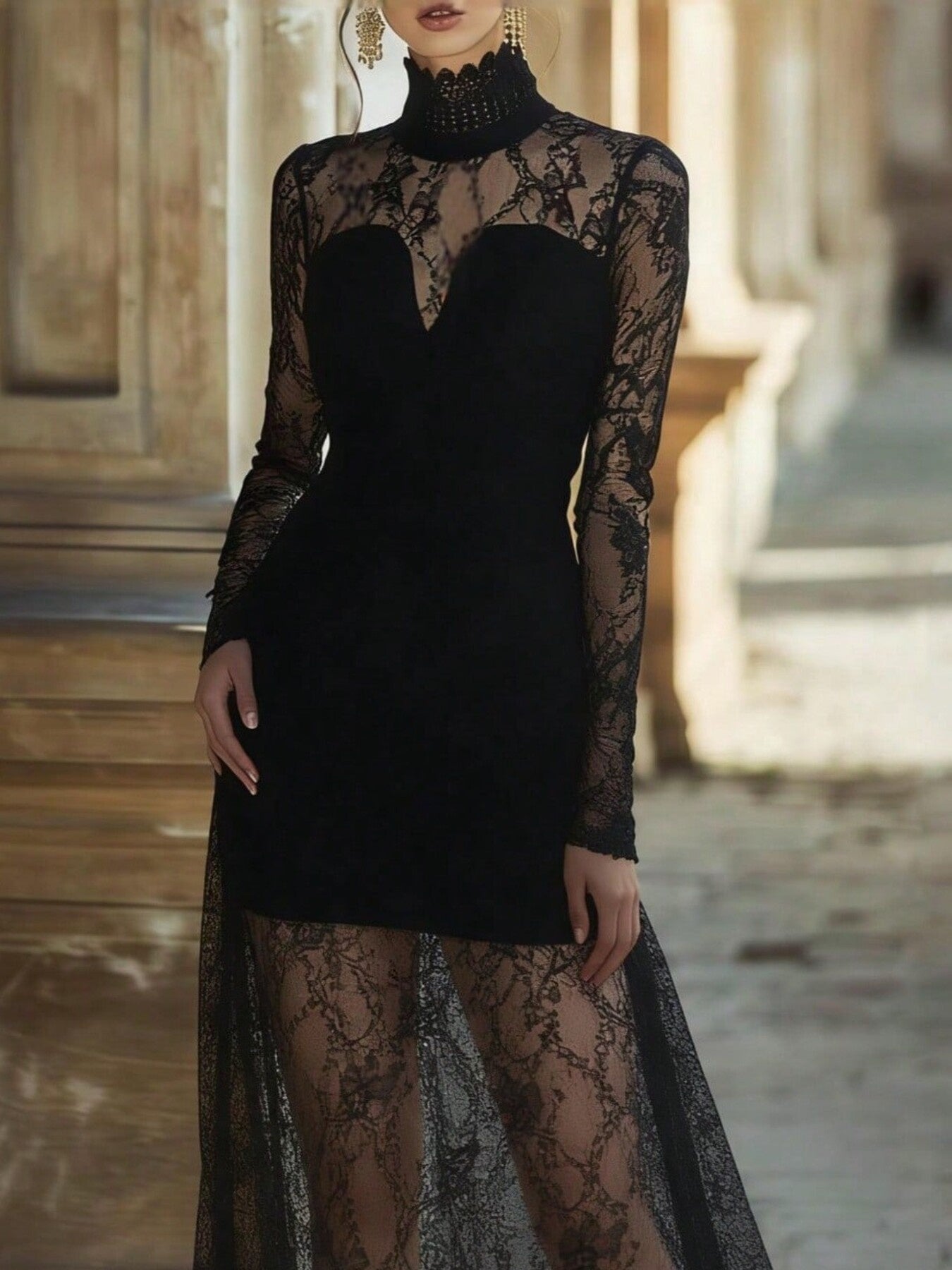 Lace High Neck Long Sleeve Maxi Dress