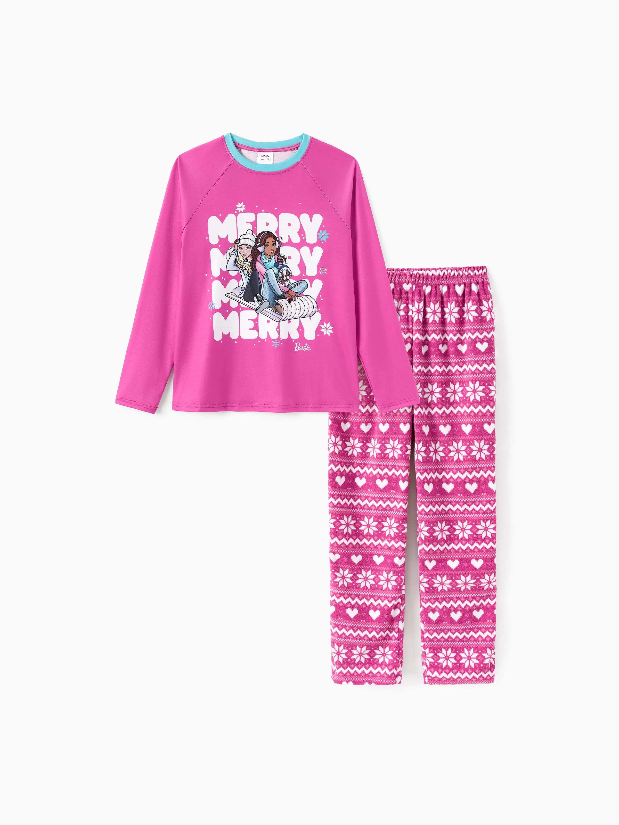 Barbie Christmas Mommy and Me Snowflake Print Pajamas Set Hot Pink
