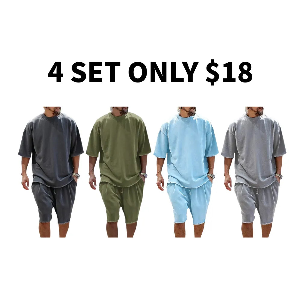 Men's Textured Sweatsuit Loose Fit Casual Sports Outfits