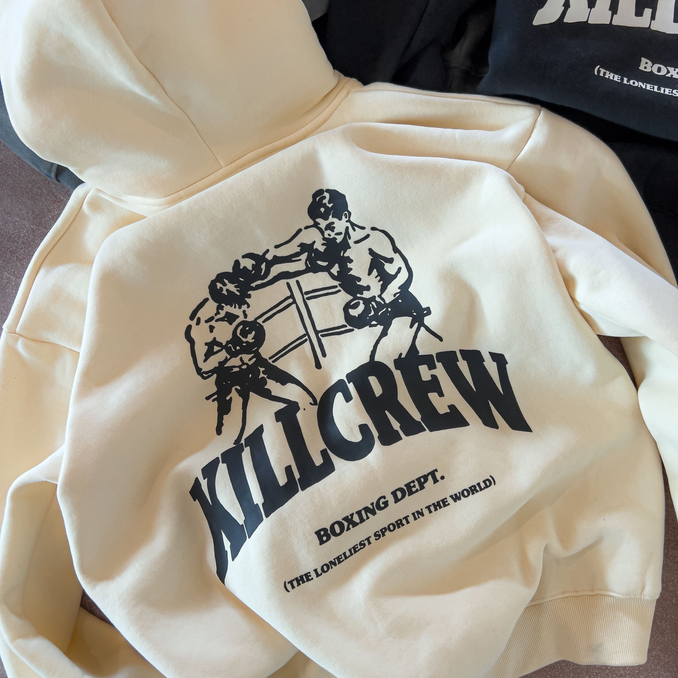 OVERSIZED LUX BOXING DEPARTMENT HOODIE - CREAM / BLACK