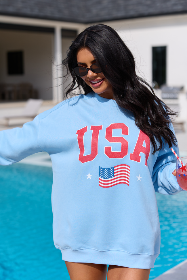 USA Flag Light Blue Graphic Sweatshirt