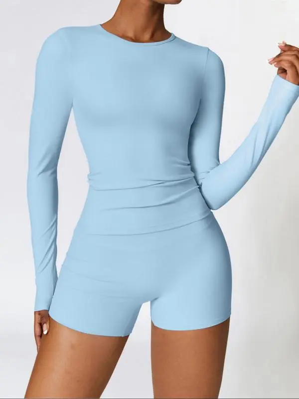 Women's Solid Round Neck Sports Tee & High Waist Shorts Tracksuit Set