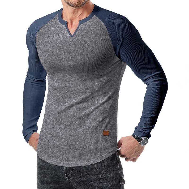 Men’s Ribbed V-Neck Long Sleeve Casual Tee