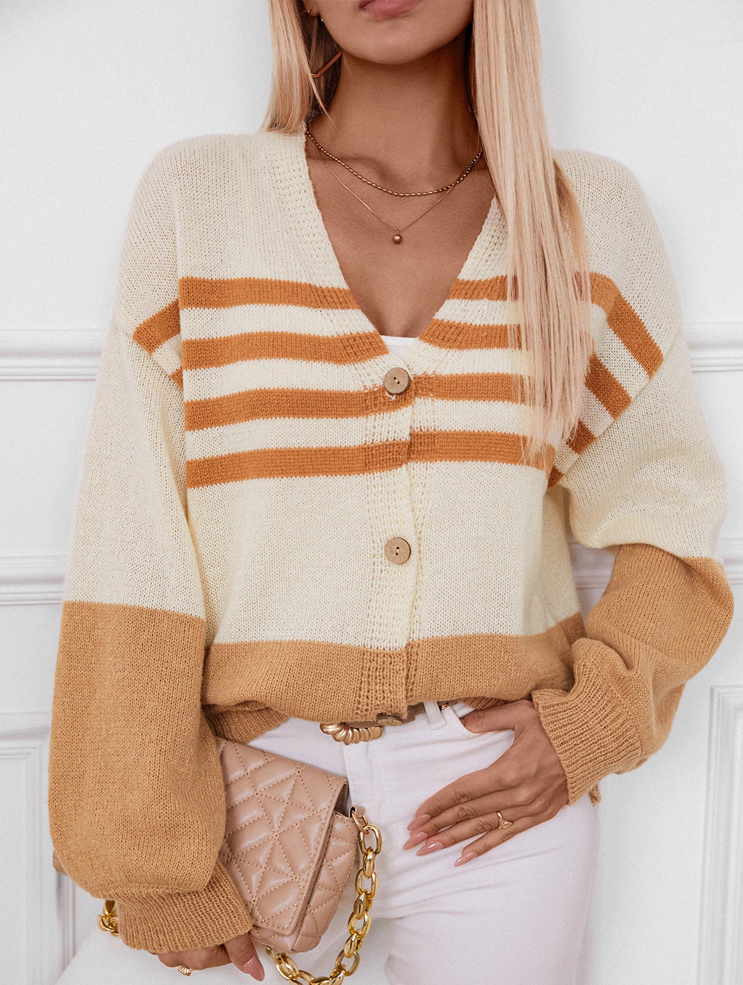 Contrast Stripe Button Knit Cardigan