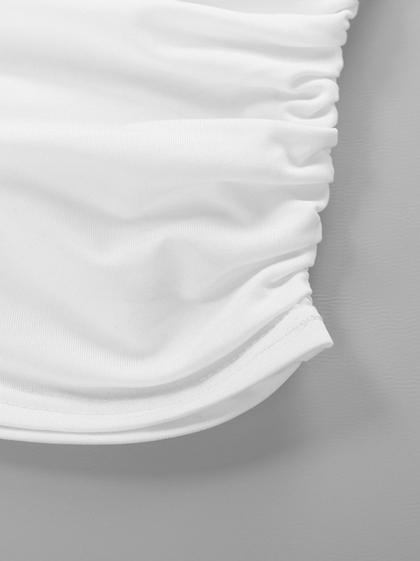 Pleated Solid Color Split-Joint Short Sleeves Skinny Boat Neck T-shirts