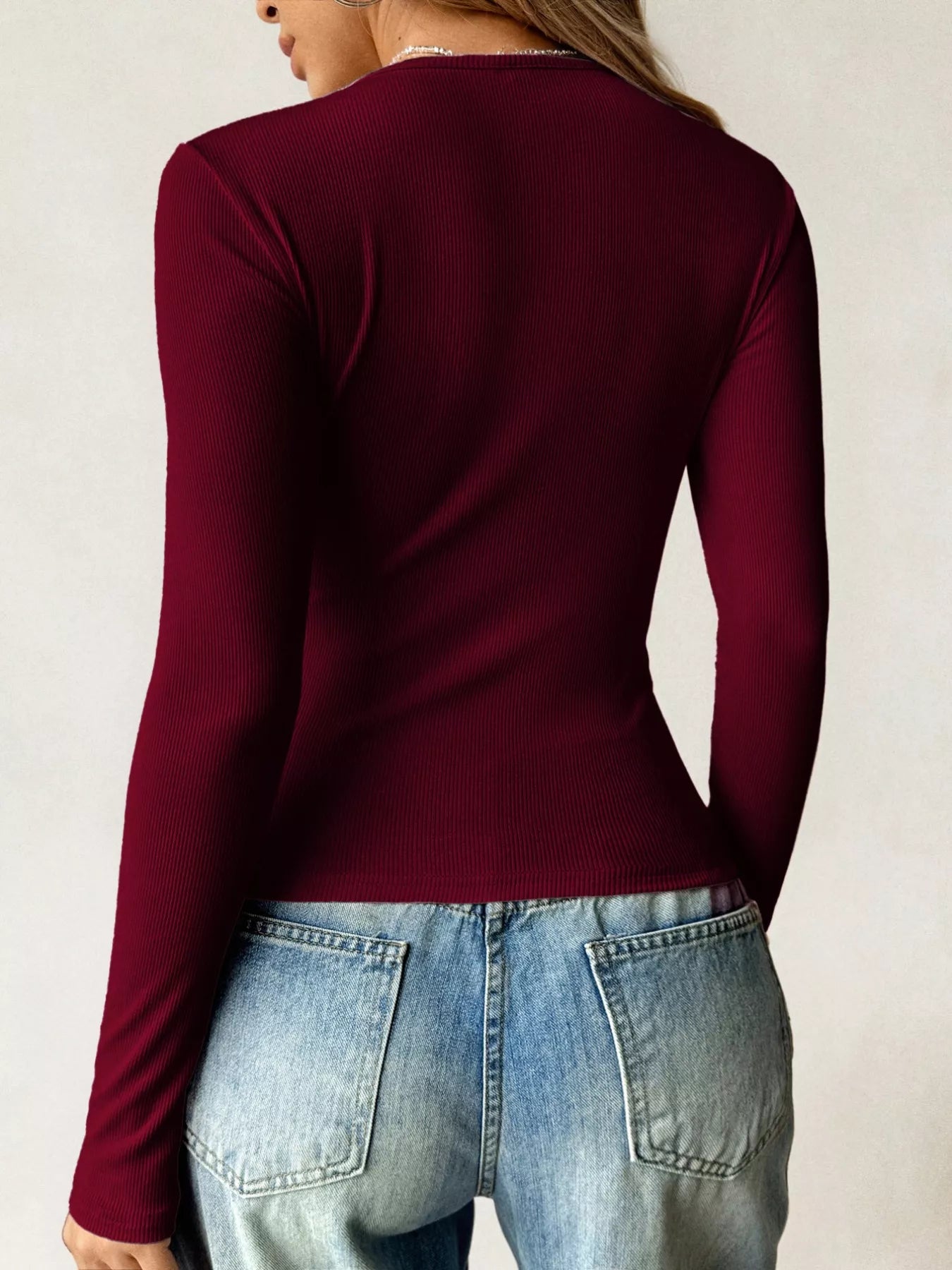Ribbed Knit Long Sleeve Fitted T-Shirt