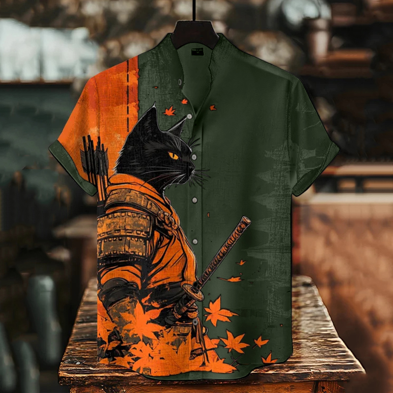 Men's Black Cat Warrior And Maple Leaf Temple Print Casual Shirt