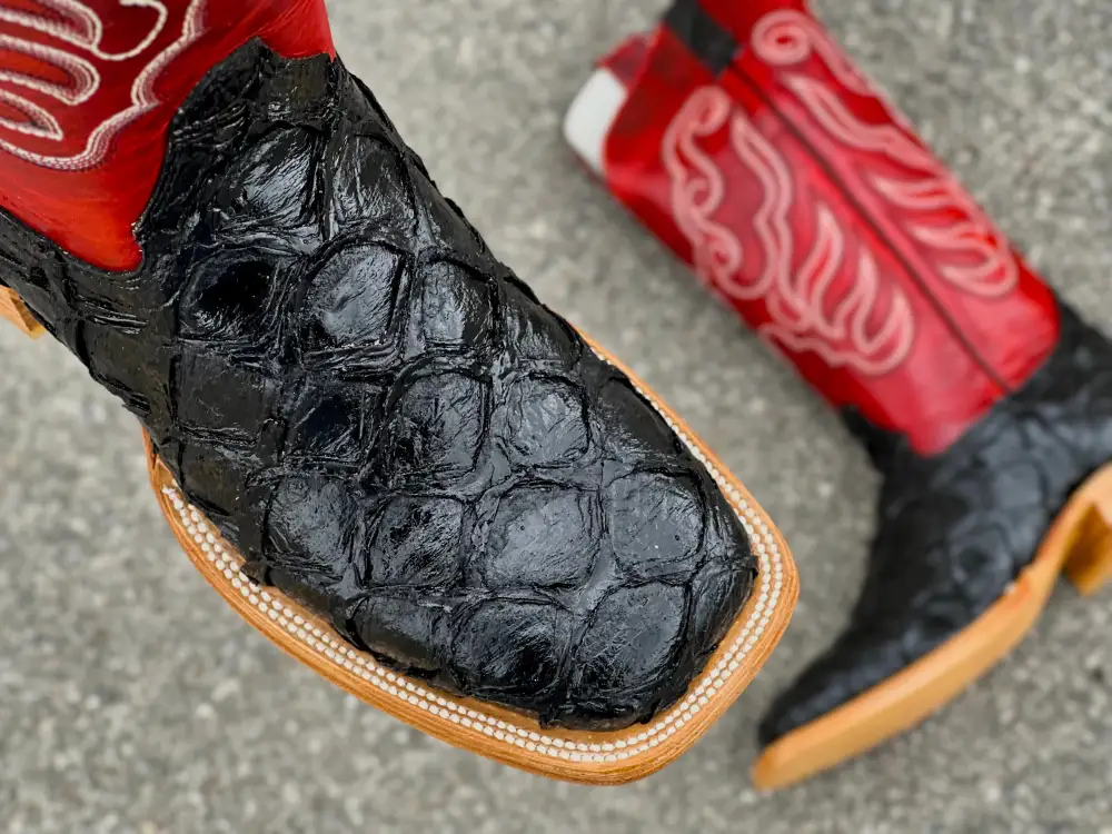 Men’s Black Pirarucu Leather Boots With Red Shaft and White Embroidery