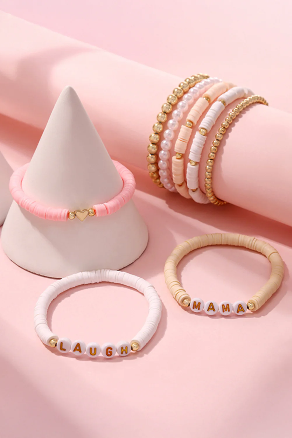 Pink MAMA LAUGH Beaded Stretch Multi Layer Bracelet