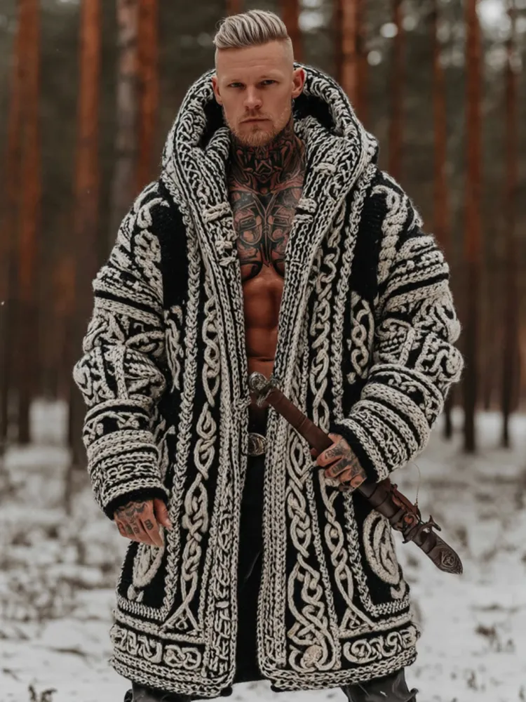 Men's Viking Celtic Knot Contrast Jacquard Cozy Midi Cardigan Sweater