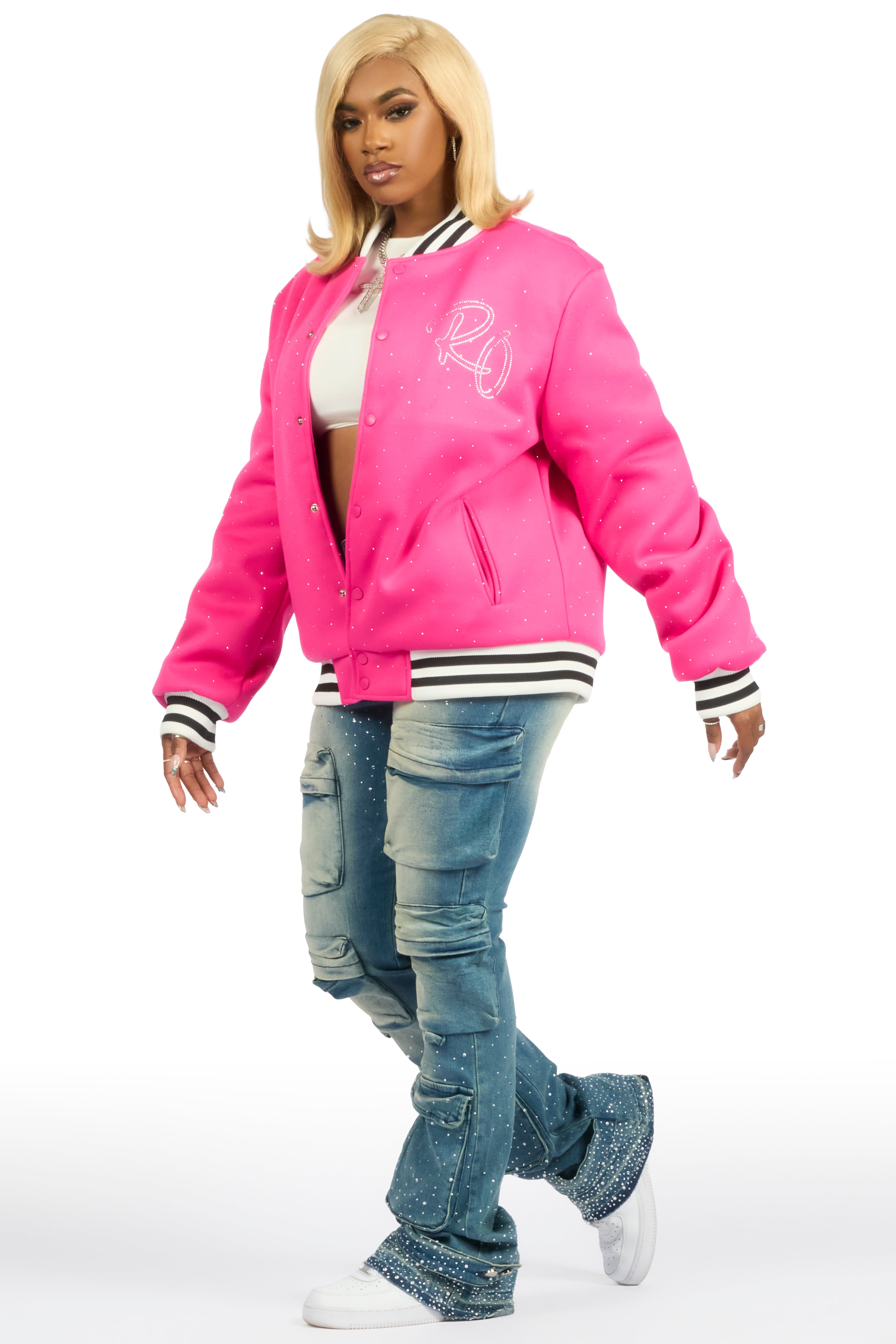 Alonza Hot Pink Rhinestone Varsity Jacket