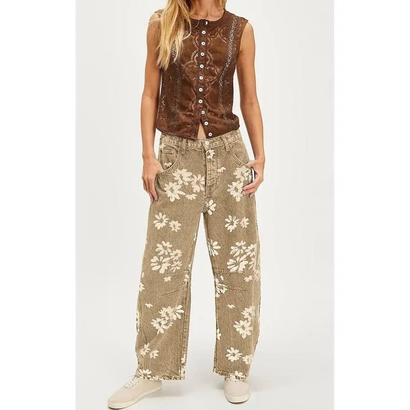 Women's Simple Floral Jeans Y2K Loose Wide-Leg Jeans Boyfriend Style Printed Stitching Jeans