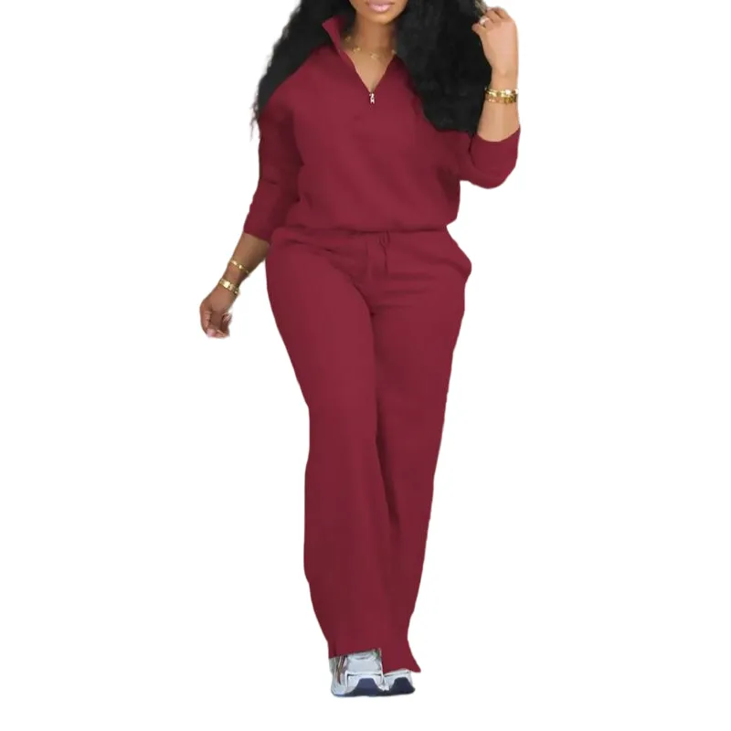 Women's Solid Half Placket Split Hem Pants Set