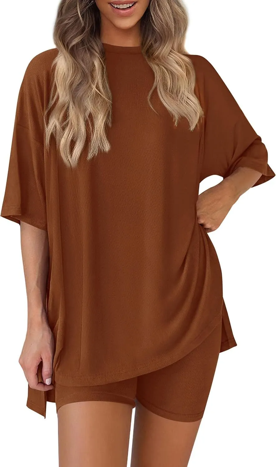 Special Sale❤️Women's Two Piece Lounge Set 2026 Summer Casual Oversized Shirts  Biker Shorts Matching Airport Travel Outfit