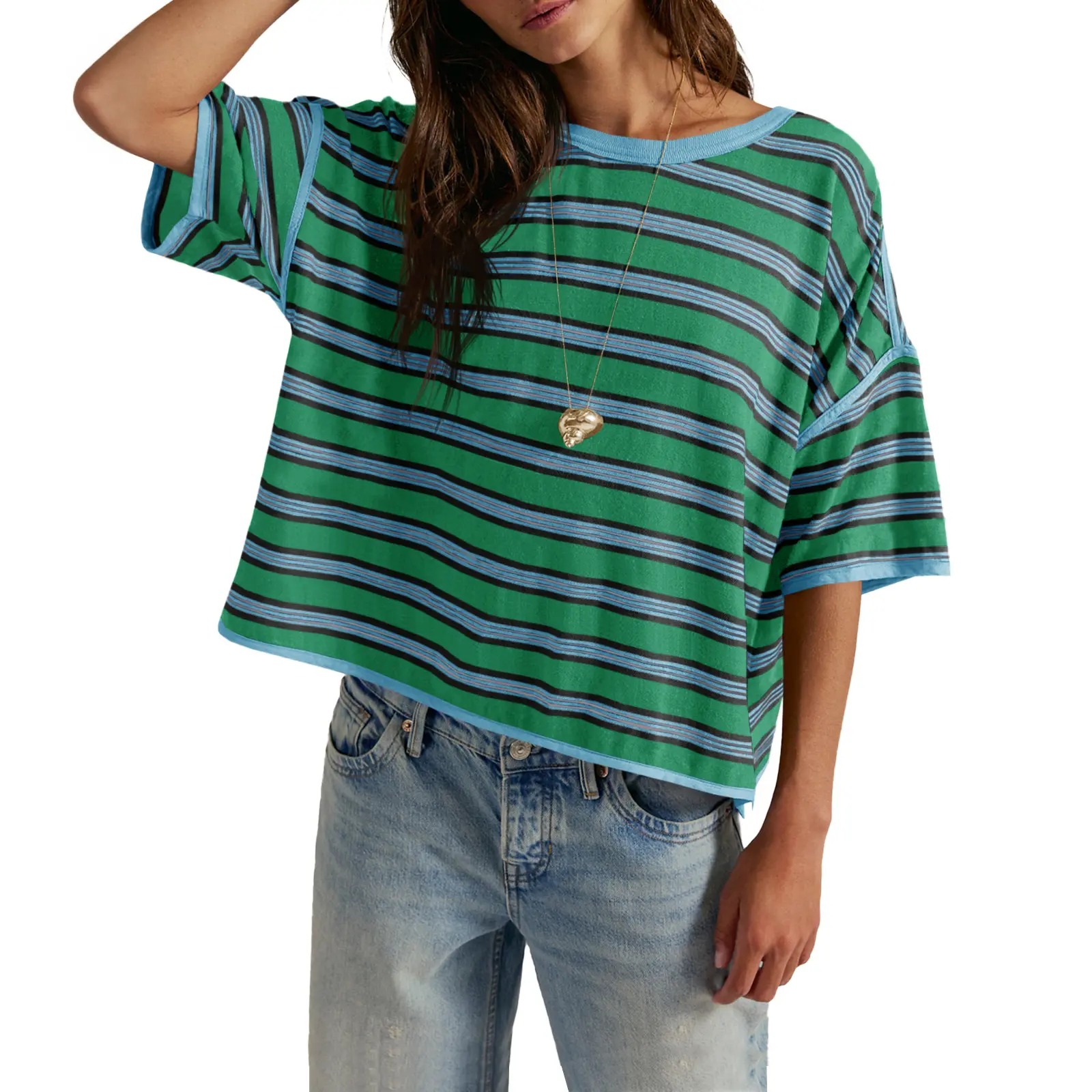 🎨🎨🎨Women's Striped Oversized Crewneck T-Shirt