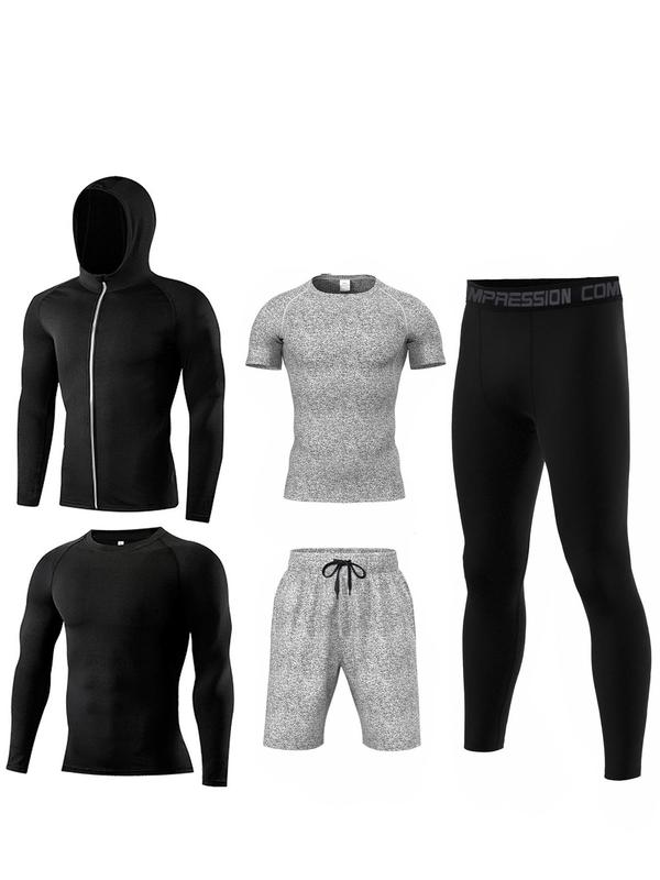 Men's Solid Tracksuit Set, Sporty Zipper Hooded Jacket & Top & Short Sleeve Tee & Letter Tape Waist Leggings & Drawstring Shorts