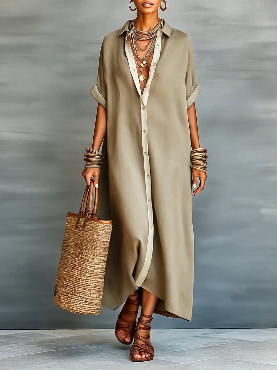 Women's Loose-fitting Linen And Cotton Shirt Dress