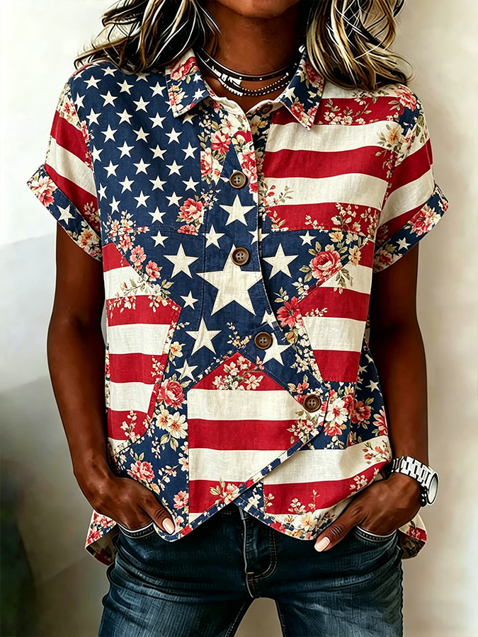 Women's Casual American Pentagram Striped Printed Top