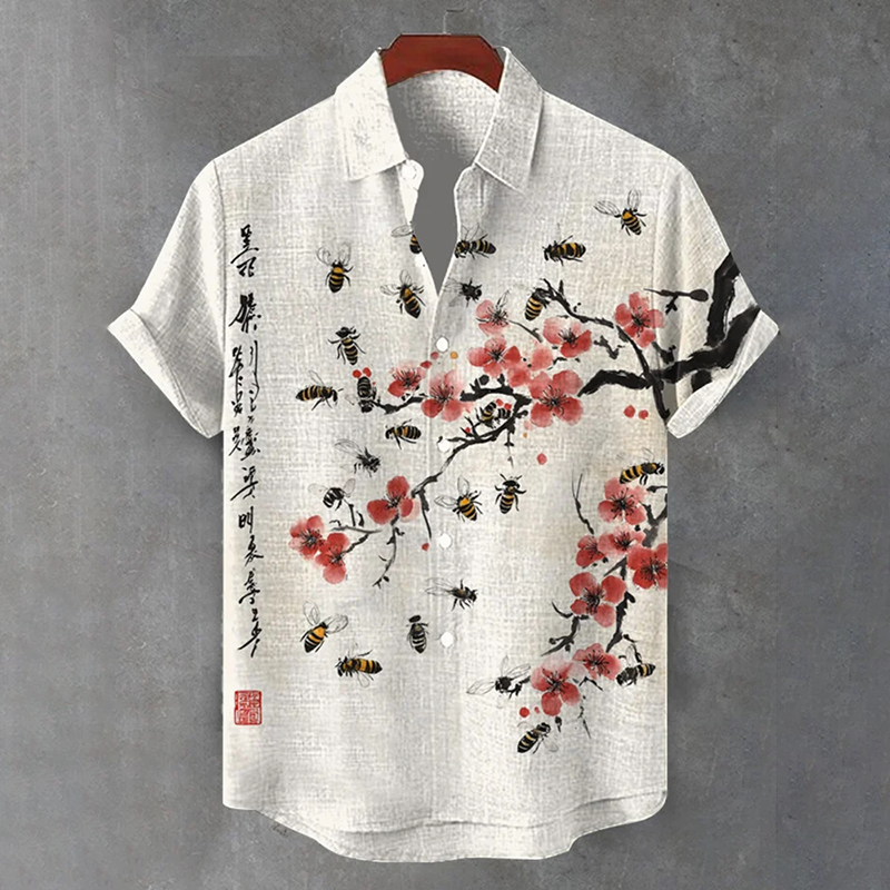 Men's A Bunch Of Bees Surround A Red Plum Blossom Art Print Short Sleeve Shirt