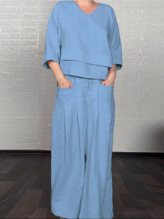 Women'S Casual Solid Color Irregular Cotton And Linen Shirt and Pats Suit