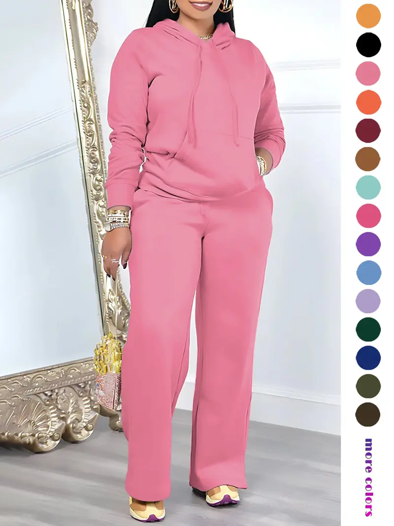 🔥Two-Piece Set Women's Solid Drawstring Hoodie & High Waist Pants Set, Casual Long Sleeve Pocket Hooded Sweatshirt & Straight Leg Trousers for Spring & Fall, Ladies' Clothes for Daily Wear