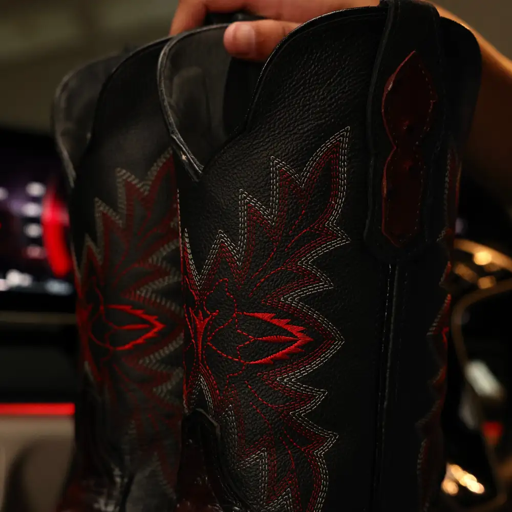 Wine Ostrich Leather Boots With Black Shaft - Square Toe