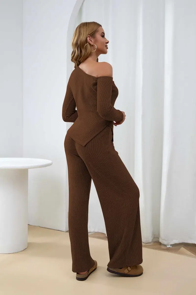 Chic Sherpa Set for Women Asymmetric Shoulder Top & High Waist Wide Leg Pants