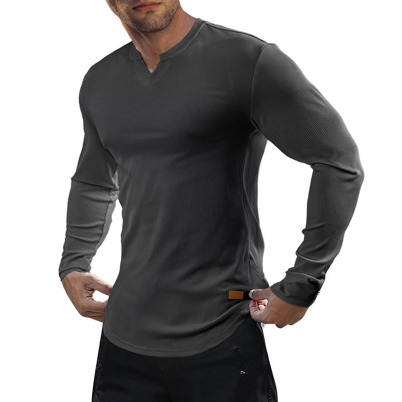 Men’s Slim Fit Ribbed V-Neck Long Sleeve Muscle T-Shirt
